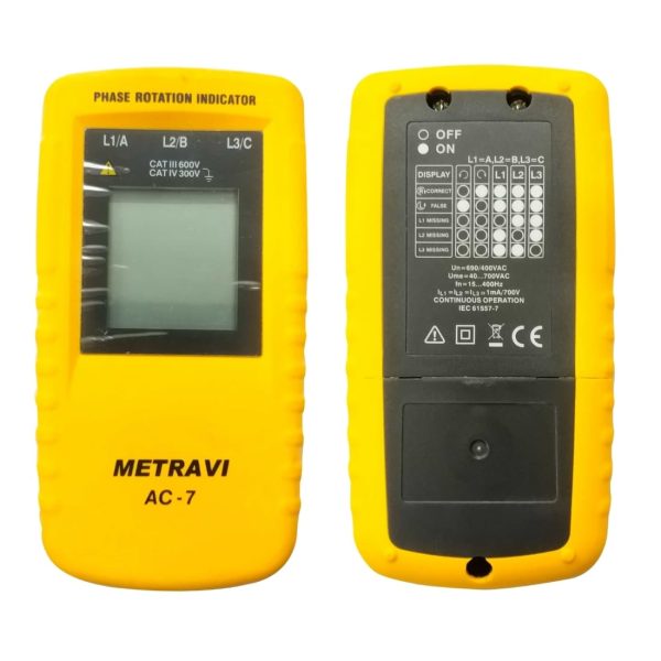 Metravi AC-7 Phase Rotation Indicator front and back of instrument