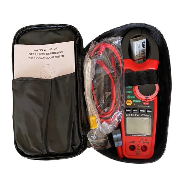 Metravi DT-4250 Digital ACDC Clamp Meter product kit with carry bag