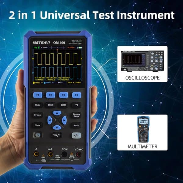 Metravi OM-100 Handheld Oscilloscope comes with a built-in Multimeter