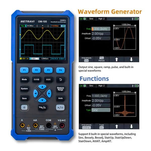 Metravi OM-100 Handheld Oscilloscope features waveform generator with multi functions