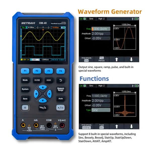 Metravi OM-40 Handheld Oscilloscope features waveform generator with multi functions