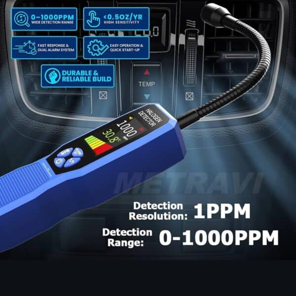 Metravi RLD-02 Refrigerant Gas Detector can detect up to 1000ppm of refrigerant gases with 1ppm resolution