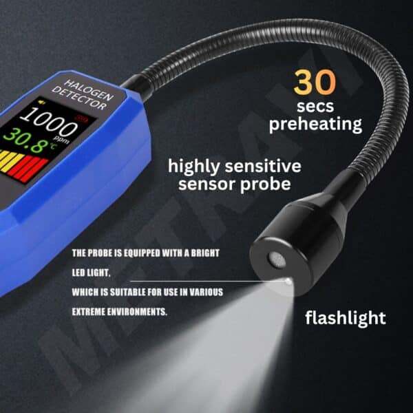 Metravi RLD-02 Refrigerant Gas Detector is highly sensitive and comes with flexible gooseneck probe with integrated LED flashlight